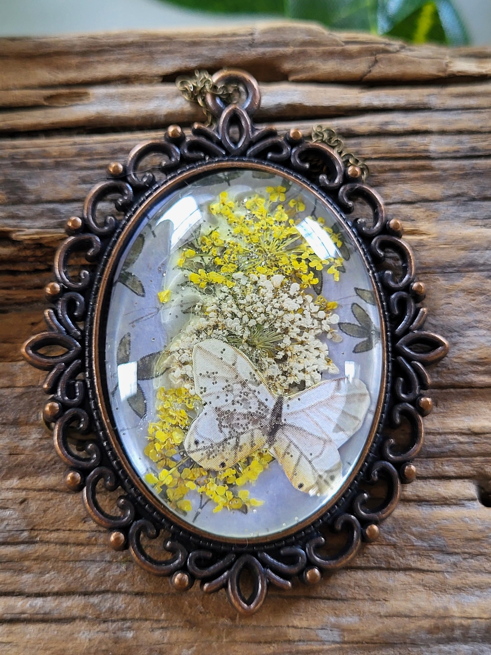 Handcrafted Bronze Butterfly  Pendant Under Glass Cabachon